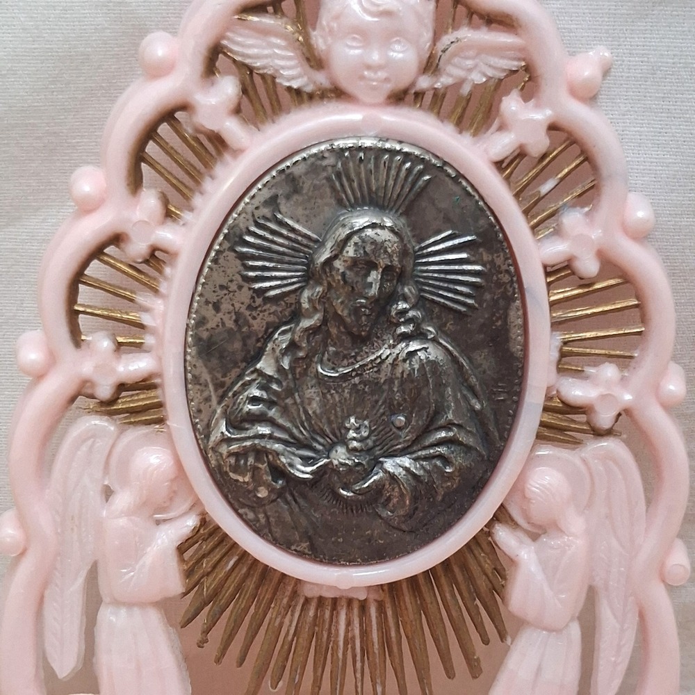 Unbranded Made in Italy Holy Water Font Pink Sacred Heart Jesus Angel Plastic - Picture 5 of 16